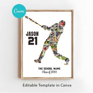 K&ouml;nnte beinhalten: Ein gerahmtes Baseball-Collage mit einer Spielersilhouette, gef&uuml;llt mit Actionaufnahmen. Der Name "JASON" und die Nummer "21" sind prominent dargestellt. Der Schulname und das Abschlussjahr sind ebenfalls enthalten. Das Canva-Logo befindet sich oben links.