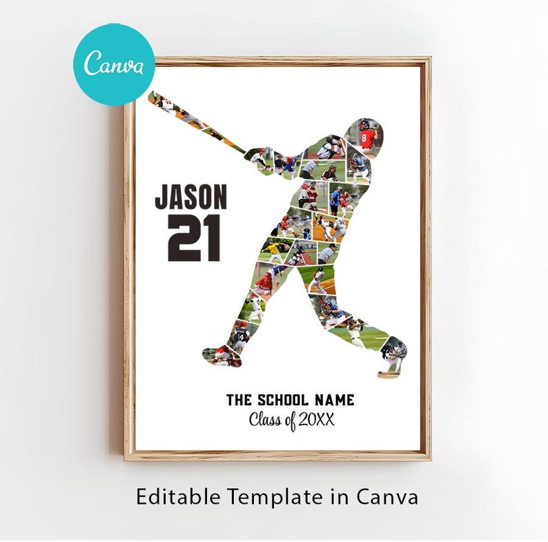 K&ouml;nnte beinhalten: Ein gerahmtes Baseball-Collage mit einer Spielersilhouette, gef&uuml;llt mit Actionaufnahmen. Der Name "JASON" und die Nummer "21" sind prominent dargestellt. Der Schulname und das Abschlussjahr sind ebenfalls enthalten. Das Canva-Logo befindet sich oben links.