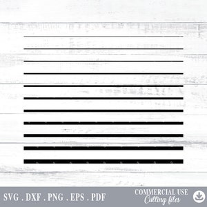May include: Black horizontal lines of varying thicknesses are arranged on a white wooden background. The lines are evenly spaced and run across the image. The bottom of the image includes the text "SVG .DXF .PNG .EPS .PDF" and "COMMERCIAL USE Cutting files".