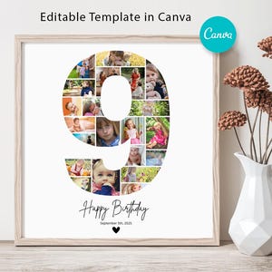 9e verjaardag fotocollage sjabloon, 9e collage, bewerkbare 7e verjaardag, nummer 9, Canva sjabloon, gepersonaliseerde 7e verjaardag - A1134