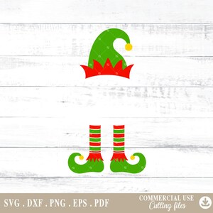 May include: Green and red elf hat with a yellow pom-pom and green and red striped elf legs with green shoes.
