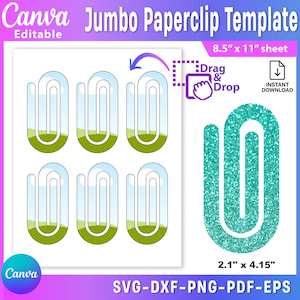 May include: A white Canva template with a jumbo paperclip design. The template includes six paperclip outlines with a green base and blue sky, plus a glittery teal paperclip. The sheet size is 8.5" x 11", and the glitter paperclip is 2.1" x 4.15".