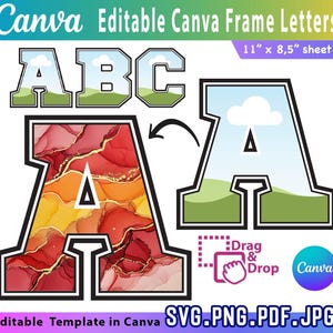 Peut inclure: Image présentant des lettres de cadre Canva modifiables. Les lettres A, B et C sont affichées avec différents designs, dont un paysage et un motif aquarelle abstrait. Le texte "11" x 8,5" sheet" est visible, ainsi que les instructions "Drag & Drop" et les options de type de fichier.