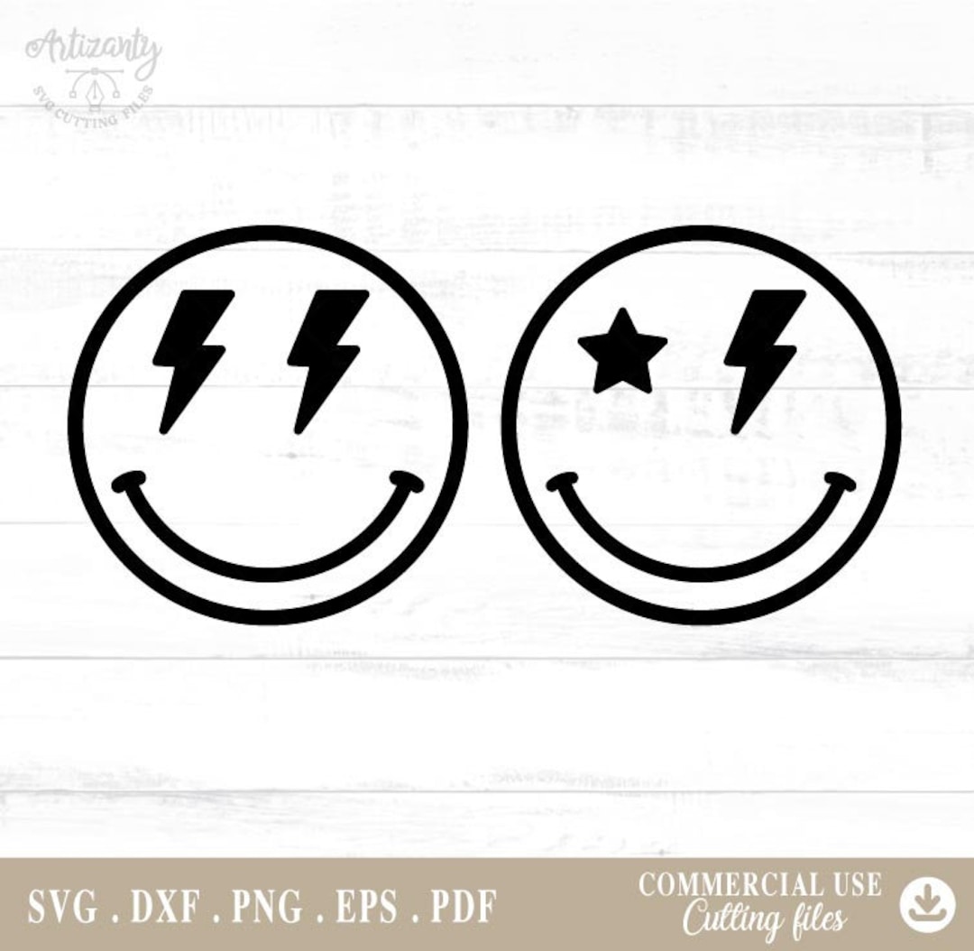 Happy Face Svg, Lightning Bolt Eyes Svg, Star Eyes, Happy Face PNG, Commercial Use, Cutting