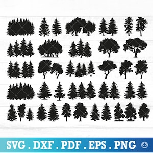 May include: A set of 30 black silhouette images of various trees, including pine, oak, and maple trees. The images are perfect for crafting projects, scrapbooking, or digital design.