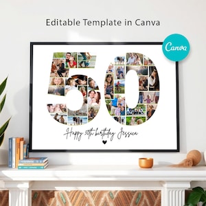 Editable 50th Birthday, 50th Birthday Photo Collage Template, Personalized 50th Birthday, Number 50 Collage, 50th Birthday Canva - A1016