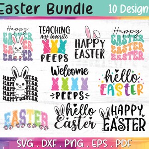 Peut inclure: Un ensemble de motifs de Pâques comprenant 10 modèles avec divers graphiques et textes. Les motifs incluent des lapins, les mots "Joyeuses Pâques" et "Bonjour Pâques". Le lot comprend les formats de fichiers SVG, DXF, PNG, EPS et PDF.