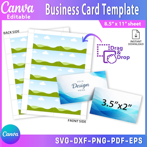 May include: A business card template from Canva, featuring a landscape design on the back and a blue and white abstract design on the front. The template is on an 8.5" x 11" sheet, with individual cards measuring 3.5" x 2". Includes "Drag & Drop" instructions.