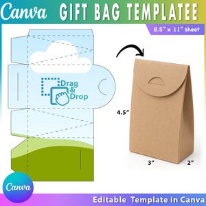 May include: A brown gift bag template with dimensions of 3" x 2" x 4.5" and a completed bag. The template includes a cloud design and the words "Drag & Drop". The text "Canva" and "Editable Template in Canva" are also visible.