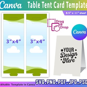Peut inclure: Un modèle de carte de tente Canva avec un fond blanc. Le modèle comprend deux sections de 7,6 cm x 10,2 cm avec un motif de ciel et de nuages. Le texte "YOUR Design Here" est affiché sur une carte de tente. L'image comprend également le texte "Drag & Drop".