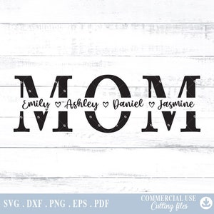 Op de afbeelding: Zwart-wit grafisch ontwerp van het woord "MOM" met de namen "Emily", "Ashley", "Daniel" en "Jasmine" geschreven in een hartvormig ontwerp onder de letters.