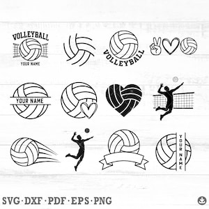 Peut inclure: Une collection de douze motifs graphiques numériques en noir et blanc sur le thème du volley-ball, incluant des ballons, des silhouettes de joueurs en action, des cœurs et des textes comme 'VOLLEYBALL' et 'YOUR NAME' pour la personnalisation.