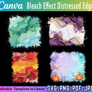 May include: A digital design template with four square backgrounds. The top left features green and blue swirls with gold accents. The top right has purple and white swirls with gold. The bottom left has red and orange swirls with gold. The bottom right has a Halloween theme with pumpkins.