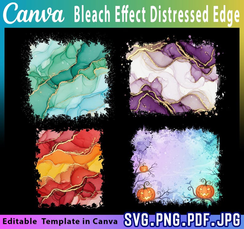 May include: A digital design template with four square backgrounds. The top left features green and blue swirls with gold accents. The top right has purple and white swirls with gold. The bottom left has red and orange swirls with gold. The bottom right has a Halloween theme with pumpkins.