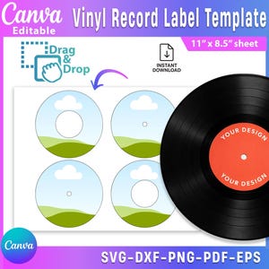 May include: A vinyl record label template with a black record and four circular designs featuring a blue sky, white clouds, and green hills. The template is on an 11" x 8.5" sheet and includes the text "Drag & Drop" and "Instant Download".