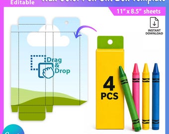 Canva Wax Color Pen Gift Box Template Editable | Pencil Box Svg Dxf Png Pdf Eps | 4 PCS Pencil Favor Box | Printable Party Packaging - AB984