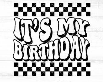 Het is mijn verjaardag SVG PNG | Retro verjaardagsshirtontwerp | Geruit patroon | Opvallende verjaardagsprint in bubbelletters | Snijbestand SVG -AB954