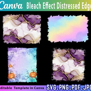 May include: A digital design template with a distressed edge effect. The image shows four designs: abstract purple and gold, a pastel rainbow, a Halloween-themed design with pumpkins, and another abstract purple and gold design. Text includes "Canva" and file type options.