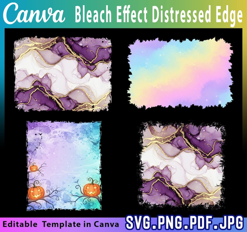 May include: A digital design template with a distressed edge effect. The image shows four designs: abstract purple and gold, a pastel rainbow, a Halloween-themed design with pumpkins, and another abstract purple and gold design. Text includes "Canva" and file type options.