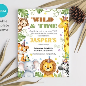 Safari Birthday Invitation, Two Wild Boy 2nd Birthday Invite, Two Wild 2nd, Canva Jungle Animals invitations, Instant Download - A1212