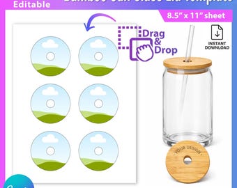 Canva Bamboe Blik Glazen Deksel Sjabloon | 70mm Deksel Ontwerp | 16oz Libbey Blik Glazen Top | Printbaar Rond Deksel Sjabloon, Canva Rond Deksel AB918
