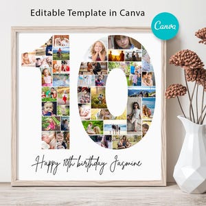 Fotocollage-Vorlage zum 10. Geburtstag, Fotocollage zum 10. Geburtstag, Zahl 10, Bearbeitbarer 10. Geburtstag, Canva zum 10. Geburtstag, Zahl 10 - A1020
