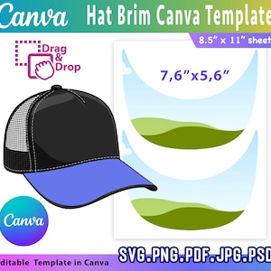 May include: A black and blue trucker hat template with a mesh back, a blue brim, and the word "Canva" on the front. The image also includes a template for hat brims, measuring 19.3cm x 14.2cm, and a sheet size of 21.6cm x 27.9cm. The image text says "Editable Template in Canva".