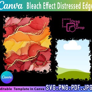 May include: Digital design template with a distressed edge effect. The design features abstract watercolor art in shades of red, orange, and yellow with gold accents. Includes a "Drag & Drop" graphic and text: "Editable Template in Canva".