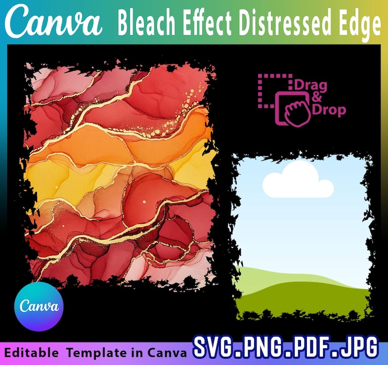 May include: Digital design template with a distressed edge effect. The design features abstract watercolor art in shades of red, orange, and yellow with gold accents. Includes a "Drag & Drop" graphic and text: "Editable Template in Canva".