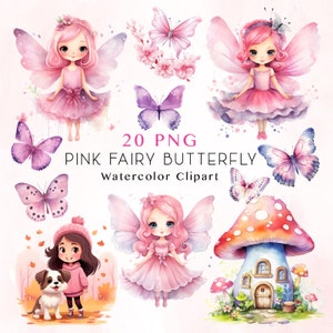 Peut inclure: Clipart aquarelle avec des fées et des papillons roses. L'image comprend des illustrations de fées avec des ailes et des robes roses, divers papillons et une maison champignon. Le texte indique "20 PNG PINK FAIRY BUTTERFLY Watercolor Clipart."
