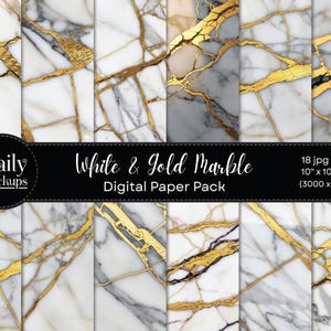Peut inclure: Ensemble de papiers numériques avec des motifs de marbre blanc et des veines dorées. Le pack comprend 18 images JPG de 25,4 cm x 25,4 cm. Le texte "White & Gold Marble Digital Paper Pack" est affiché.