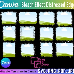 May include: A digital design template featuring a collection of square frames with a distressed, bleach effect border. Each frame showcases a landscape scene with a blue sky, white clouds, and green hills. The Canva logo and text "Drag & Drop" are also visible.