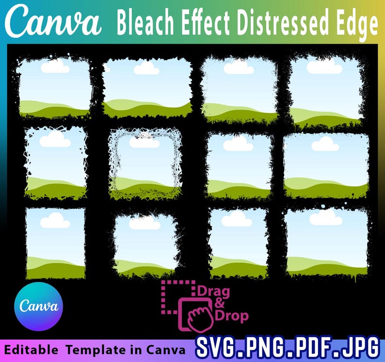 May include: A digital template with multiple square frames, each with a distressed, bleach effect edge. The frames display a landscape scene with a blue sky, white clouds, and green hills. The Canva logo and "Drag & Drop" text are also present.