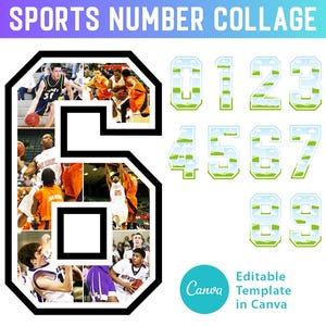Numer sportowy Canva Photo Collage Edytowalny szablon Canva do ponumerowanej ramki kolażu zdjęć: 0-9 idealny na rocznicę urodzin -A1159