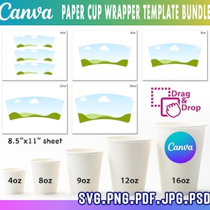 Paper Cup Wrapper Template Bundle, Paper Coffee Cup Template, Blank Cup Wrapper, Canva Editable, drag and drop canva template A1302