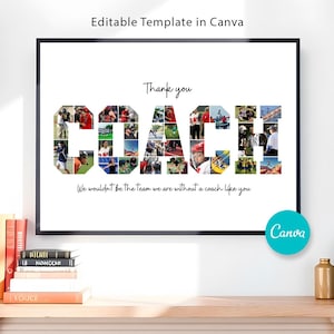 Peut inclure: Une affiche imprimable de remerciement pour un entraîneur, avec le mot "COACH" composé de photos d'une équipe sportive. Le texte "Merci" et "Nous ne serions pas l'équipe que nous sommes sans un entraîneur comme vous" est inclus.