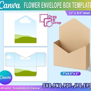 May include: A flower envelope box template with a sky and landscape design. The template includes a 3D rendering of the box and a flat design for printing. The template is 11" x 8.5" and the assembled box is 7"x5.5" x 2". The template is editable in Canva.