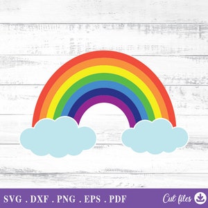 Peut inclure: Un arc-en-ciel coloré avec un arc rouge, orange, jaune, vert, bleu, indigo et violet. L'arc-en-ciel a deux nuages blancs de chaque côté de l'arc.