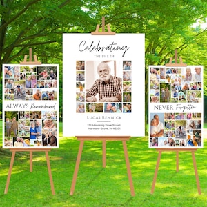 Peut inclure: Trois chevalets en bois présentent des panneaux commémoratifs. Le panneau central indique « Célébrer la vie de Lucas Rennick » avec un collage de photos et des coordonnées. Les autres panneaux indiquent « Toujours se souvenir » et « Jamais oublié » avec des collages de photos.