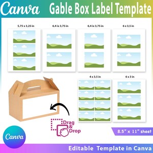 Peut inclure: Un modèle d'étiquette de boîte Gable Canva avec différentes tailles d'étiquettes, dont 14,6 x 8,3 cm, 16,3 x 9,5 cm et 15,2 x 8,9 cm. Le design présente des images de paysage et une boîte Gable marron. Le modèle est sur une feuille de 21,6 x 27,9 cm.