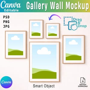 Peut inclure: Maquette de mur de galerie avec cinq cadres présentant des paysages de ciel bleu, de nuages blancs et de collines vertes. Le texte "Canva Gallery Wall Mockup" et "Smart Object" est inclus. La maquette est conçue pour un montage facile par glisser-déposer.