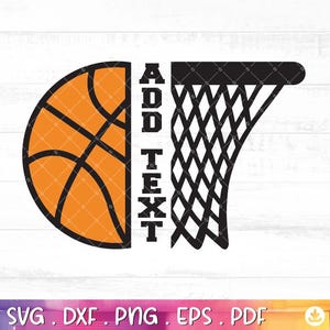 Peut inclure: Silhouette noire et orange d'un ballon de basket et d'un panier de basket avec le mot "ADD TEXT" en noir.