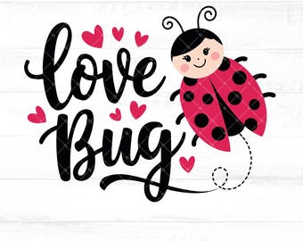 May include: A black and white graphic design with the text "Love Bug" and a red ladybug with black spots. There are several small red hearts around the text and ladybug.