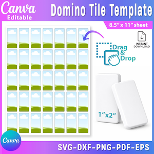 Peut inclure: Un modèle de tuile de domino Canva modifiable. La conception comprend une feuille de tuiles de 21,6 cm x 28 cm, chacune avec un arrière-plan de paysage et de ciel. Deux dominos blancs, chacun mesurant 2,5 cm x 5 cm, sont également présentés. Téléchargement instantané.