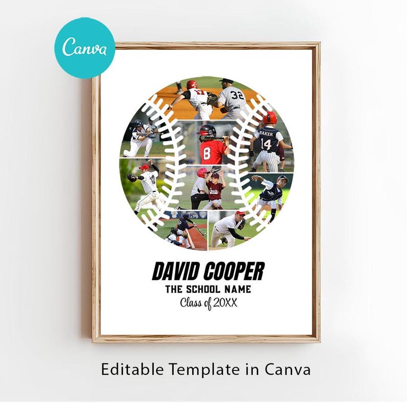 K&ouml;nnte beinhalten: Ein gerahmtes Baseball-Collage mit einem Baseball-Design und Spielerfotos. Der Text "DAVID COOPER", "THE SCHOOL NAME" und "Class of 20XX" werden angezeigt. Das Canva-Logo befindet sich oben links. Der Text "Editable Template in Canva" befindet sich unten.