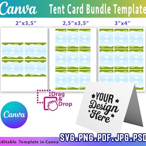 Könnte beinhalten: Eine Canva-Zeltkarten-Bundle-Vorlage mit drei verschiedenen Größen: 5,08 cm x 8,89 cm, 6,35 cm x 8,89 cm und 7,62 cm x 10,16 cm. Das Design zeigt eine Grafik mit Himmel und Landschaft. Enthält ein "Drag & Drop"-Symbol und den Text "YOUR Design Here".