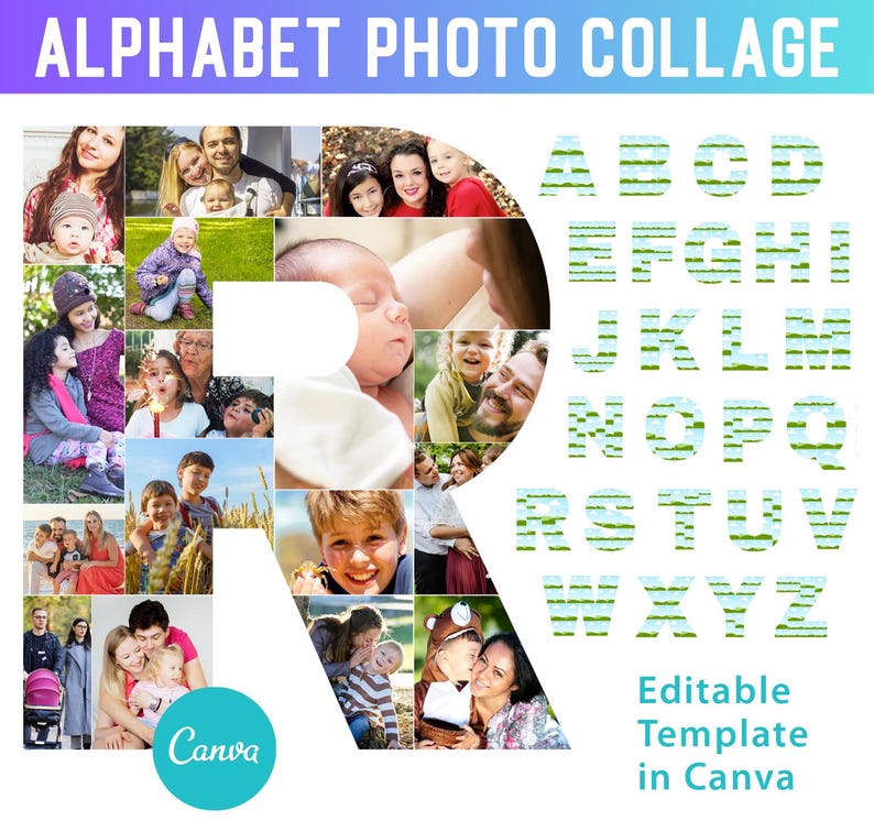 Pu&ograve; includere: Un modello di collage fotografico con la lettera R composta da pi&ugrave; foto di famiglie e individui. Il modello &egrave; modificabile in Canva e include un design di alfabeto a strisce verdi e blu.