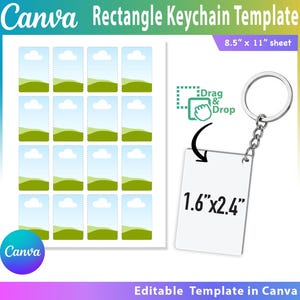 Peut inclure: Un modèle de porte-clés rectangulaire blanc avec une chaîne et un anneau argentés, mesurant 4,1 cm x 6,1 cm. L'image comprend une feuille de modèles A4 avec des motifs paysagers. Le texte comprend "Canva", "Rectangle Keychain Template", et "Drag & Drop".