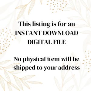 K&ouml;nnte beinhalten: Wei&szlig;er Hintergrund mit goldenen Blatt- und Punktakzenten. Der Text lautet: &bdquo;Dieses Angebot gilt f&uuml;r einen SOFORTIGEN DOWNLOAD DER DIGITALEN DATEI. Es wird kein physischer Artikel an Ihre Adresse versandt.&ldquo;