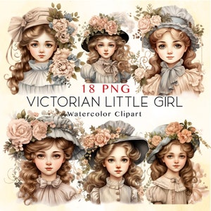 Peut inclure: Un ensemble de 18 images clipart numériques d'aquarelle représentant de jeunes filles de l'époque victorienne portant des chapeaux et des robes fleuris. Les filles ont de longs cheveux flottants et des expressions douces. Les images sont parfaites pour le scrapbooking, la fabrication de cartes et autres projets créatifs.